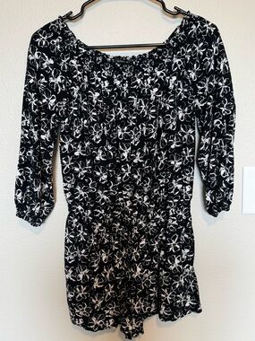Banana Republic Black and White Floral Long-Sleeve Romper
